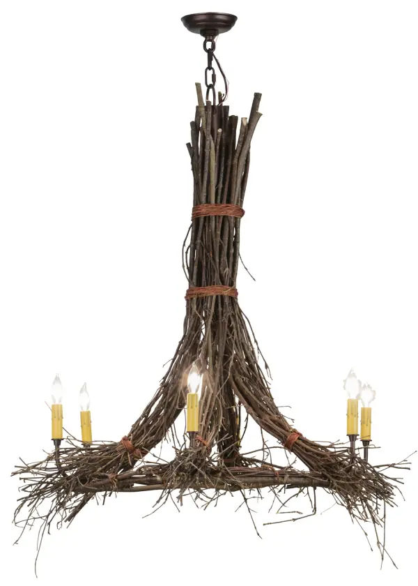 Bring Mother Nature into your home with natural twigs and branches intertwined and designed to create the elaborate structure of this unique chandelier. Replica wax candles light up this rustic fixture; crafted with meticulous attention to detail by the skillful hands of Meyda artisans at the foothills of the Adirondack Mountains in Upstate New York.
