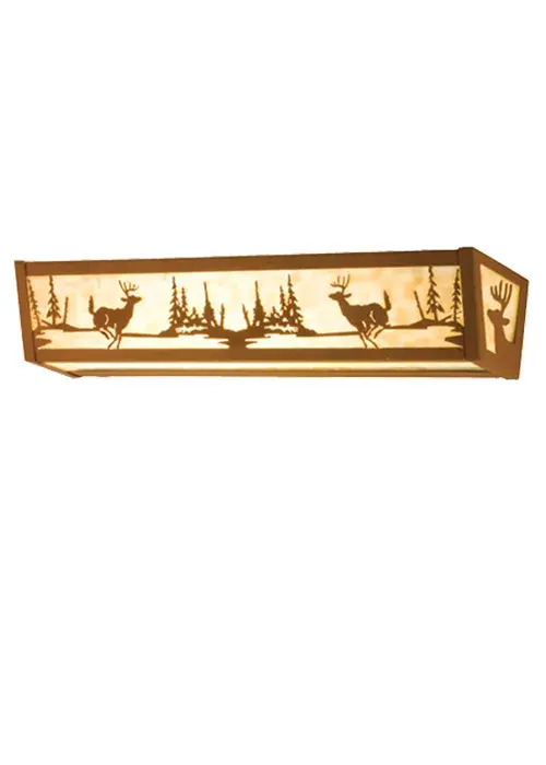 Every Meyda Tiffany item is a unique handcrafted work of art. Natural variations in the wide array of materials that we use to create each Meyda product make every item a masterpiece of its own. Photographs are a general representation of the product. Colors and designs will vary. Collection: Deer At Lake Finish: Earth Glass: Beige Width: 30.00" Height: 11.00" Length: 30.00" Extension from Wall: 30.00" Number of Bulbs: 4 Maximum Wattage: 60.00 W Bulb Type: A19 Bulb Base: E26 Material: Steel Country of Origin: USA Safety Listing: Damp Safety Rating: Damp