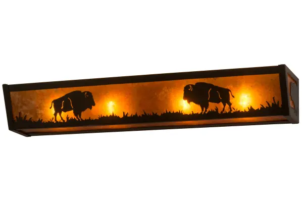 The majestic Buffaloes stand in all of their glory, as symbols of strength and unity, on the prairie as the mid-afternoon sun shines brilliantly in the background. Beautiful ambient light emanates through stunning Amber Mica, which is complemented with hardware and decorative accents featured in a Timeless Bronze finish. The wall fixture is ideal for illuminating baths, corridors and other rooms in any setting. This fixture is handcrafted by Meyda artisans in the Yorkville, New York manufacturing facility at the foothills of the spectacular Adirondack Mountains. Custom styles, colors and sizes are available, as well as dimmable energy efficient lamping options. Collection: Buffalo Finish: Timeless Bronze Glass: Amber Mica Notes: Custom Crafted In Yorkville, New York Please Allow 30 Days Width: 5.50" Height: 4.50" Length: 30.00" Weight: 5.00 lb Extension from Wall: 30.00" Number of Bulbs: 4 Maximum Wattage: 60.00 W Bulb Type: A19 Bulb Base: E26 Material: Steel Country of Origin: USA Safety Listing: Damp Safety Rating: Damp