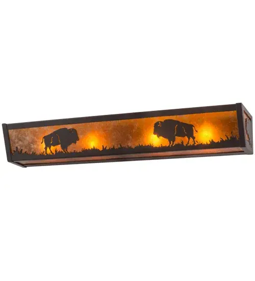 The majestic Buffaloes stand in all of their glory, as symbols of strength and unity, on the prairie as the mid-afternoon sun shines brilliantly in the background. Beautiful ambient light emanates through stunning Amber Mica, which is complemented with hardware and decorative accents featured in a Timeless Bronze finish. The wall fixture is ideal for illuminating baths, corridors and other rooms in any setting. This fixture is handcrafted by Meyda artisans in the Yorkville, New York manufacturing facility at the foothills of the spectacular Adirondack Mountains. Custom styles, colors and sizes are available, as well as dimmable energy efficient lamping options. Collection: Buffalo Finish: Timeless Bronze Glass: Amber Mica Notes: Custom Crafted In Yorkville, New York Please Allow 30 Days Width: 5.50" Height: 4.50" Length: 30.00" Weight: 5.00 lb Extension from Wall: 30.00" Number of Bulbs: 4 Maximum Wattage: 60.00 W Bulb Type: A19 Bulb Base: E26 Material: Steel Country of Origin: USA Safety Listing: Damp Safety Rating: Damp - alternate view