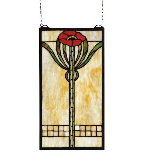 A single Bungalow Red Poppy with Moss Green leaves adorns this Cornerstone Beige Meyda Tiffany original stained glass window; inspired by the Arts and Crafts movement. An American classic design ready to complement your home. A solid brass hanging chain and brackets are included.