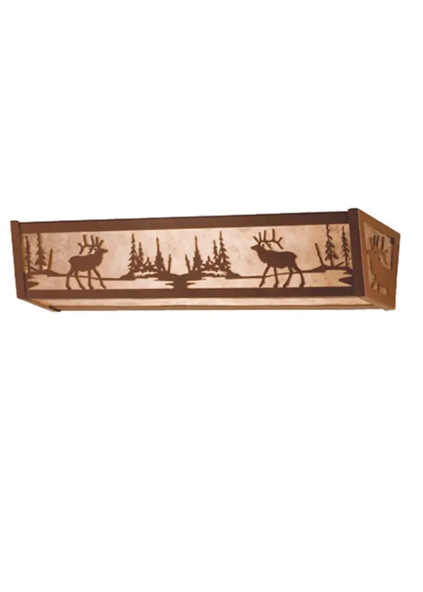 Rustic charm is captured beautifully with this majestic Elk meandering near a woodland lake while the morning sun rises in the background of this natural wildlife inspired vanity light. Soft ambient light projects through a stunning Silver Mica lens which is complemented with a Rust finish. This stunning vanity light is ideal for illuminating a fine bath or can be used as a wall sconce in a variety of rooms in residential, hospitality and commercial settings. Handcrafted by highly skilled artisans in our 180,000 square foot manufacturing facility in Yorkville, NY. Diffuser colors, metal finishes and fixture sizes can be customized to your needs. UL and cUL listed for dry and damp locations. Collection: Elk At Lake Finish: Rust Glass: Silver Mica Width: 36.00" Height: 12.00" Length: 36.00" Extension from Wall: 36.00" Number of Bulbs: 6 Maximum Wattage: 60.00 W Bulb Type: A19 Bulb Base: E26 Material: Steel Country of Origin: USA Safety Listing: Damp Safety Rating: Damp