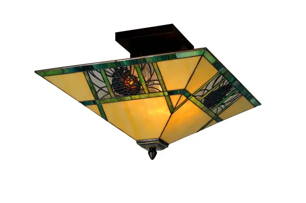 This charming nature inspired fixture features a Pinecone Mission designed shade with Bark Brown granite glass Pinecones on a Clear granite glass background with pine needle detailing. Bone Beige stained glass is geometrically divided by Moss Green bands on the shade; suspended by hardware hand finished in Mahogany Bronze.