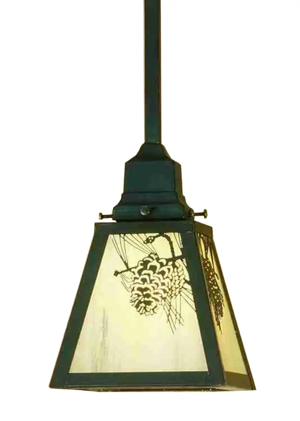 A Winter Pinecone with Pine Needles are delicately etched in Brass on the shade of this stunning mini pendant. Rustic charm comes alive with soft ambient light projected through a stunning Beige Iridescent Glass diffuser. The Nature Inspired mini pendant is complemented with Craftsman Brown finished hardware. Install the mini pendants in groups to make a design statement over kitchen islands and tables; counters and bars. Handcrafted by highly skilled artisans in our 180;000 square foot manufacturing facility in Yorkville; New York. Diffuser colors; metal finishes and fixture sizes can be customized to your needs. UL and cUL listed for dry and damp locations