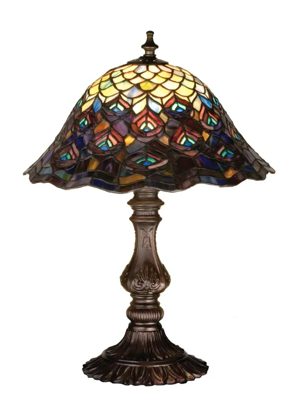 As distinctive as a beautiful Peacock's feathers; no two shades will ever be the same as their individuality can be as remarkably unique as their personality. This artistic creation utilizes swirling opalescent art glass background combinations including Beige Amber; Yellow Pinks; Red Purples; Golden Blues and Greens; Ivories; Bluish Whites; Turquoise Blues; Periwinkle; Olive and Spring Greens; Pale Yellow; Amethyst; Emerald and Topaz. The eye of the plumage design reveals Purples; Pastel Blues; Teals; Cobalt and Ivories. Individual pieces of glass are hand cut and wrapped using Meyda Tiffany's famous copperfoil construction. Each shade is a unique work of art with color variations based on natural ingredients inherent in the glass. Mahogany Bronze finish.