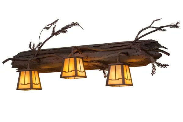 Enjoy the natural beauty of the American woodlands with this stunning three light wall luminaire. Designed as a tree bark with branches and pine needles, the solid steel hardware is featured in a handsome Rust with Wrought Iron finish. Three geometric styled lanterns feature stunning Beige Iridescent art glass. Handcrafted by Meyda artisans at the foothills of New York's Adirondack Mountains, the fixture can be used as a vanity light in a bath or as a wall sconce in a hallway and other rooms. Custom sizes, styles and colors are available. Dimmable energy efficient lamping options are also offered. The fixture is UL and cUL listed for damp and dry locations. Collection: Pine Branch Finish: Rust/Wrought Iron Glass: Beige Iridescent Glass Notes: Custom Crafted In Yorkville, New York Please Allow 30 Days Width: 38.00" Height: 14.00" Length: 6.50" Weight: 10.00 lb Extension from Wall: 6.50" Number of Bulbs: 3 Maximum Wattage: 60.00 W Bulb Type: T3 Bulb Base: G9 Light Source: Halogen Material: Steel Country of Origin: USA Safety Listing: Damp Safety Rating: Damp