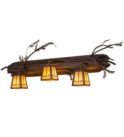 Enjoy the natural beauty of the American woodlands with this stunning three light wall luminaire. Designed as a tree bark with branches and pine needles, the solid steel hardware is featured in a handsome Rust with Wrought Iron finish. Three geometric styled lanterns feature stunning Beige Iridescent art glass. Handcrafted by Meyda artisans at the foothills of New York's Adirondack Mountains, the fixture can be used as a vanity light in a bath or as a wall sconce in a hallway and other rooms. Custom sizes, styles and colors are available. Dimmable energy efficient lamping options are also offered. The fixture is UL and cUL listed for damp and dry locations. Collection: Pine Branch Finish: Rust/Wrought Iron Glass: Beige Iridescent Glass Notes: Custom Crafted In Yorkville, New York Please Allow 30 Days Width: 38.00" Height: 14.00" Length: 6.50" Weight: 10.00 lb Extension from Wall: 6.50" Number of Bulbs: 3 Maximum Wattage: 60.00 W Bulb Type: T3 Bulb Base: G9 Light Source: Halogen Material: Steel Country of Origin: USA Safety Listing: Damp Safety Rating: Damp - alternate view