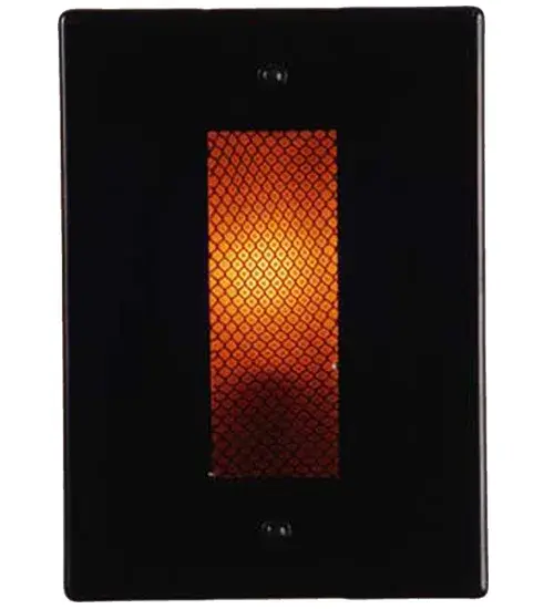 Escape from the ordinary; escape to Alcatraz; Metro Fusion ADA compliant wall sconce. Midnight Black glass makes a window of Amber glass with metal mesh; fused together in a hot kiln. This contemporary sconce shade is suspended by Nickel finished powder coated hardware. Designed and created by Meyda artists and craftsmen; this unique fixture will capture your imagination.