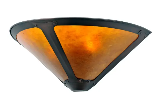 In the tradition of American master craftsman Dirk Van Erp; this appealing wall sconce with a hand washed Mahogany Bronze frame glows with the warmth of the natural Amber mica panels within.
