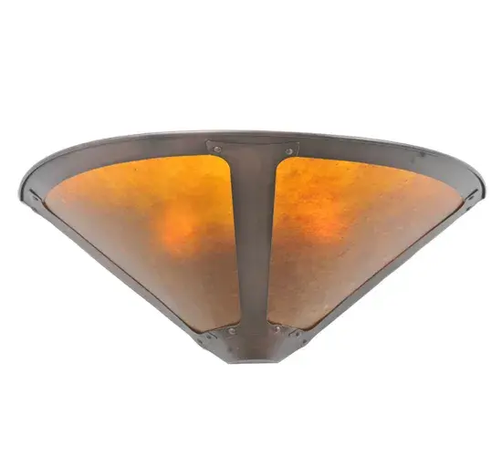 In the tradition of American master craftsman Dirk Van Erp; this appealing wall sconce with a hand washed Mahogany Bronze frame glows with the warmth of the natural Amber mica panels within. - alternate view