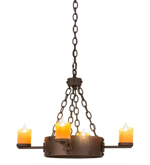 Welcome Gothic Revival into your home or business with the stunning Kingston Chandelier; which integrates a rustic motif with distinctive styling. 8 Amber faux candles perched atop holders on a solid steel decorative ring provide beautiful ambient lighting that conjures up images of romanticized days. Decorated with medallions and featured in a Matte Copper Vein finish; the chandelier is custom crafted in Yorkville; New York by Meyda artisans. The fixture is available in custom sizes; styles and colors; as well as dimmable energy efficient lamping options such as LED. Kingston is UL and cUL listed for damp and dry locations. - alternate view
