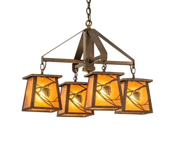 This linear four arm chandelier features metal bound lanterns with Pinecone and branch filigree over Amber mica panels suspended from linear arms. The hardware and all metal parts have an Antique Copper finish. This fixture is handcrafted in the USA by Meyda artisans. Collection: Whispering Pines Finish: Antique Copper Glass: Amber Mica Width: 28.00" Height: 25.00" Length: 28.00" Weight: 23.00 lb Number of Bulbs: 4 Maximum Wattage: 60.00 W Bulb Type: A19 Bulb Base: E26 Material: Steel Country of Origin: USA Safety Rating: Damp