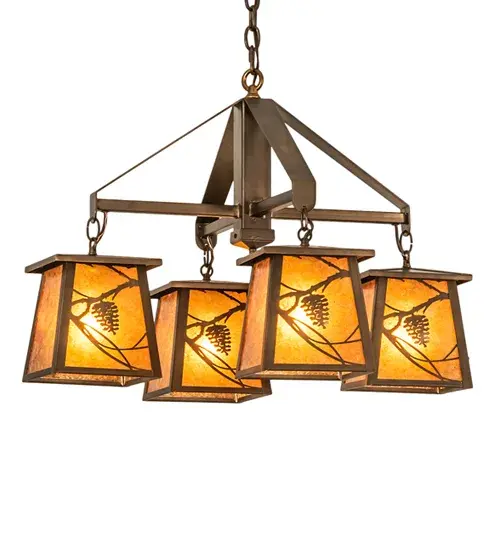 This linear four arm chandelier features metal bound lanterns with Pinecone and branch filigree over Amber mica panels suspended from linear arms. The hardware and all metal parts have an Antique Copper finish. This fixture is handcrafted in the USA by Meyda artisans. Collection: Whispering Pines Finish: Antique Copper Glass: Amber Mica Width: 28.00" Height: 25.00" Length: 28.00" Weight: 23.00 lb Number of Bulbs: 4 Maximum Wattage: 60.00 W Bulb Type: A19 Bulb Base: E26 Material: Steel Country of Origin: USA Safety Rating: Damp - alternate view