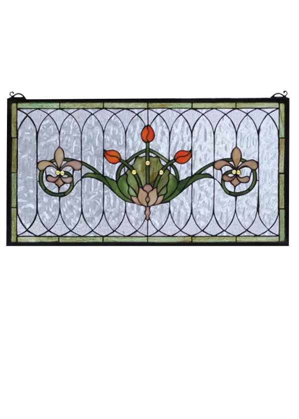 Spring Green leaves and borders; lively Coral tulips and Plum Beige fleur-de-lis; accent the rippling textured Clear glass of this elegant Victorian inspired stained glass window. The window is handcrafted utilizing the copperfoil construction process and 192 pieces of stained art glass encased in a solid brass frame. This lovely window is a creation to be forever treasured. Mounting bracket and chain included.