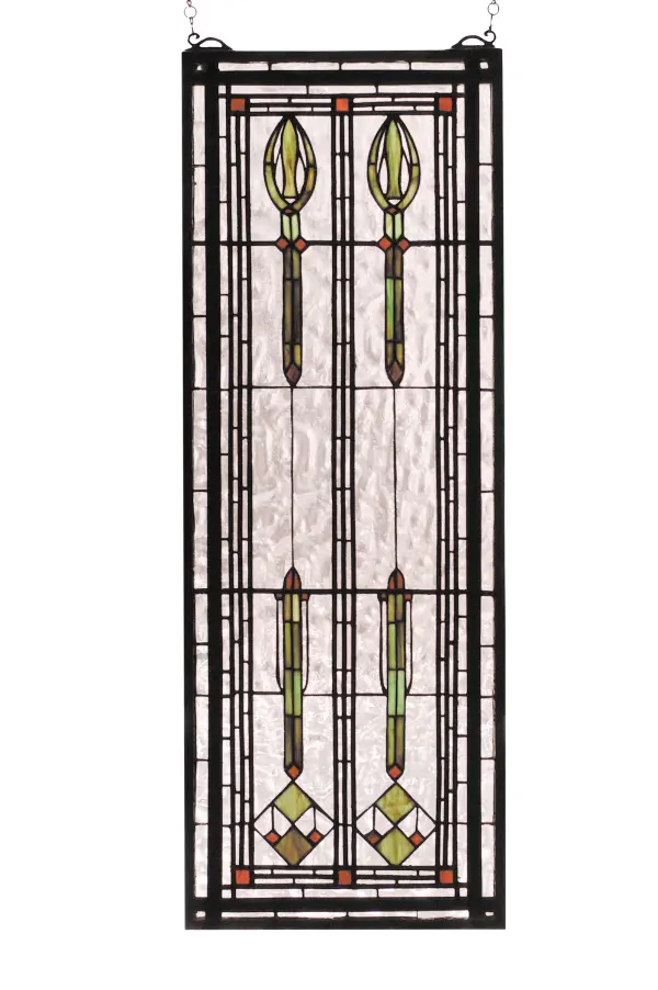 This American style; Arts and Crafts inspired window; with Aurora Green spears and Wood Brown accents on Clear Flemish textured glass has a handsome turn of the century appeal. 320 pieces of hand cut stained glass are used to make this Meyda Tiffany window. A solid brass hanging chain and brackets are included.