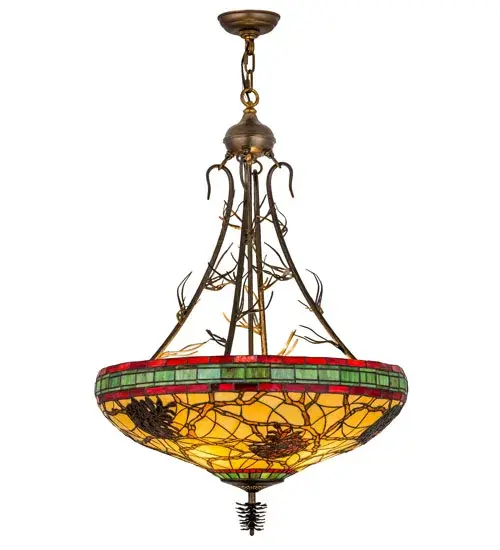 This stunning design features the iconic pinecone, one of Mother Nature's most compelling organic symbols, which offers a natural elegance and represents the evolution of human enlightenment. Burgundy and Leaf Green bands edge this woodland shade that highlights Light Brown pinecones and Golden Sun branches on a Beige art glass shade. The art glass shade, which is created using Meyda Tiffany's famous copperfoil construction process, is enhanced with hardware finished in Antique Copper and accented with matching pine needles. Custom sizes, styles and energy efficient lamping options are available. Collection: Pinecone Finish: Antique Copper Glass: Ba Xag Br 59 Notes: Custom Crafted In Yorkville, New York Please Allow 30 Days Width: 24.00" Height: 40.00" Length: 24.00" Weight: 22.00 lb Extension from Wall: 7.50" Number of Bulbs: 4 Maximum Wattage: 60.00 W Bulb Type: A19 Bulb Base: E26 Material: Steel Country of Origin: USA Safety Listing: Damp Safety Rating: Damp - alternate view