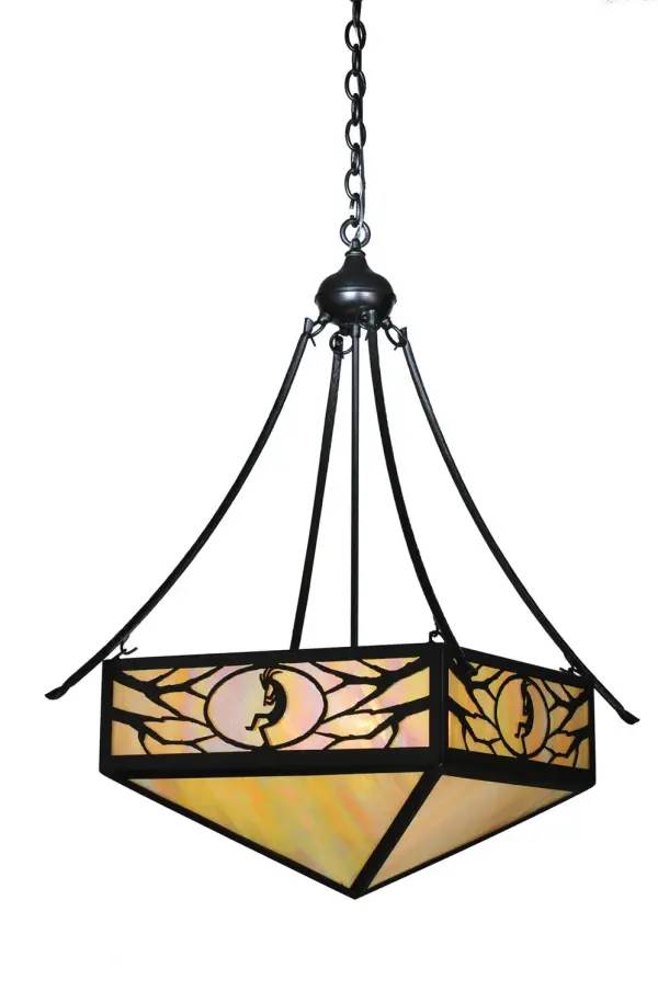 Every Meyda Tiffany item is a unique handcrafted work of art. Natural variations in the wide array of materials that we use to create each Meyda product make every item a masterpiece of its own. Photographs are a general representation of the product. Colors and designs will vary. Collection: Kokopelli Finish: Textured Black Glass: Beige Iridescent Art Glass Notes: Custom Crafted In Yorkville, New York Please Allow 30 Days Width: 32.00" Height: 37.50" Length: 22.00" Weight: 18.00 lb Number of Bulbs: 4 Maximum Wattage: 60.00 W Bulb Type: A19 Bulb Base: E26 Material: Steel Country of Origin: USA Safety Listing: Damp Safety Rating: Damp