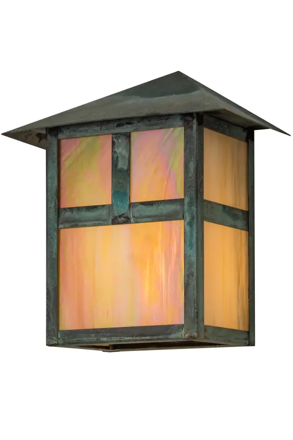 Custom Crafted of Solid Brass, Mission inspired straight lines and a peaked roof are depicted as a handsome American Craftsman Signature style. Ambient light projects through Beige Iridescent art glass, which is enhanced with hardware, accents and frame featured in a Verdigris finish. Ideal for indoor and outdoor lighting applications, the fixture is handcrafted by Meyda artisans in the Yorkville, NY manufacturing facility at the foothills of the Adirondack Mountains. Custom colors, styles and sizes are available. Energy efficient lamping options are offered. Collection: Seneca Finish: Craftsman Verde Glass: Beige Iridescent Glass Width: 9.00" Height: 10.50" Length: 5.50" Weight: 4.00 lb Extension from Wall: 5.50" Number of Bulbs: 1 Maximum Wattage: 60.00 W Bulb Type: A19 Bulb Base: E26 Material: Brass Country of Origin: USA Safety Listing: Wet Safety Rating: Wet