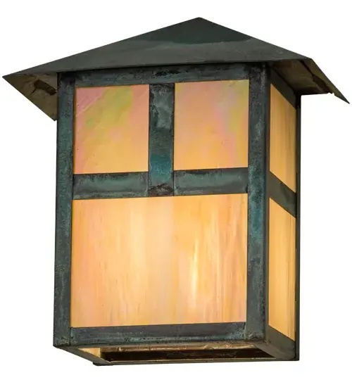 Custom Crafted of Solid Brass, Mission inspired straight lines and a peaked roof are depicted as a handsome American Craftsman Signature style. Ambient light projects through Beige Iridescent art glass, which is enhanced with hardware, accents and frame featured in a Verdigris finish. Ideal for indoor and outdoor lighting applications, the fixture is handcrafted by Meyda artisans in the Yorkville, NY manufacturing facility at the foothills of the Adirondack Mountains. Custom colors, styles and sizes are available. Energy efficient lamping options are offered. Collection: Seneca Finish: Craftsman Verde Glass: Beige Iridescent Glass Width: 9.00" Height: 10.50" Length: 5.50" Weight: 4.00 lb Extension from Wall: 5.50" Number of Bulbs: 1 Maximum Wattage: 60.00 W Bulb Type: A19 Bulb Base: E26 Material: Brass Country of Origin: USA Safety Listing: Wet Safety Rating: Wet - alternate view
