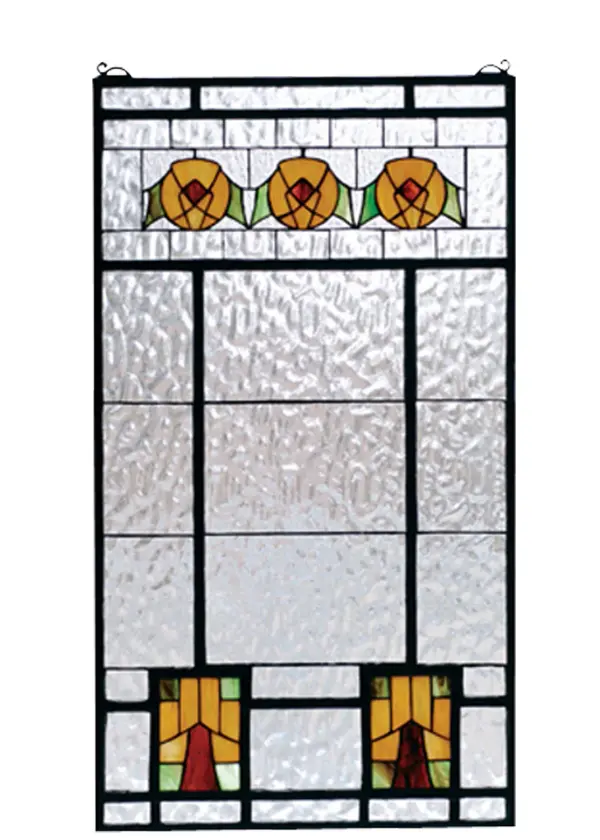 Arts and Crafts inspired Dogwood trees and flowers of Bark Brown, Amber Honey and Woodland Green accent the Clear Flemish textured glass window. This handsome American style Meyda Tiffany window is made from 106 pieces of hand cut stained glass and handcrafted utilizing the copperfoil construction process. The window also comes with a solid brass hanging chain and brackets. Collection: Aurora Dogwood Finish: Antique Copper Glass: Zaf Xa Hag 59G Width: 18.00" Height: 32.00" Length: 18.00" Weight: 9.00 lb Bulb Type: TBD Material: Metal Or Polyresin Country of Origin: CHINA Safety Listing: Dry Safety Rating: Dry