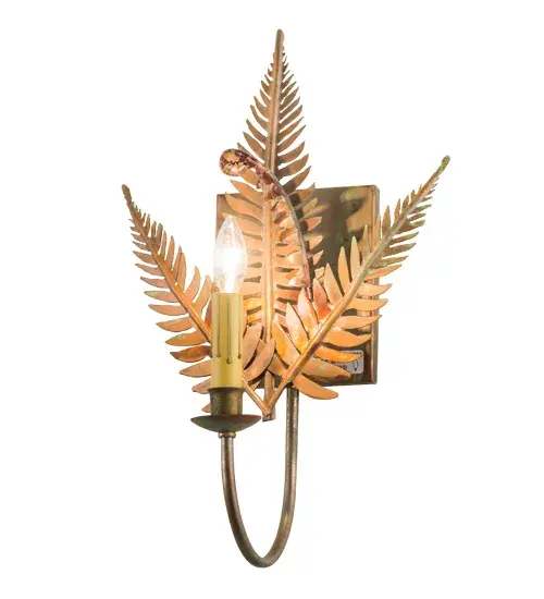 Every Meyda Tiffany item is a unique handcrafted work of art. Natural variations in the wide array of materials that we use to create each Meyda product make every item a masterpiece of its own. Photographs are a general representation of the product. Colors and designs will vary. Collection: Fern Finish: Raw Copper/Verde Glass: Green,Chocolate Notes: Custom Crafted In Yorkville, New York Please Allow 30 Days Width: 11.50" Height: 21.50" Length: 9.50" Weight: 2.00 lb Extension from Wall: 9.50" Number of Bulbs: 1 Maximum Wattage: 60.00 W Bulb Type: B10 Bulb Base: E12 Material: Steel Country of Origin: USA Safety Listing: Dry Safety Rating: Damp - alternate view
