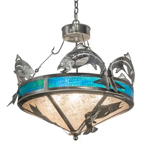 Trout and Bass are the Catch of the Day on this semi-flush handcrafted in the USA by Meyda artisans. This original fixture is suspended from fishhook chains; is finished in Steel and has Silver Mica panels with Pond Blue art glass accents. - alternate view