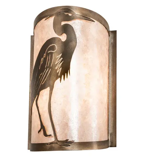 This large; long-neck wading bird stands tall in a solid steel profile finished in Antique Copper and highlighted on stunning Silver Mica. The Heron is comfortable with one foot on land and one in the water; recognized as maintaining calm; stability and fluidity. This fixture is handmade by Meyda artisans at the Meyda facility; at the foothills of New York's majestic Adirondack Mountains. Custom sizes; styles and colors are available; as well as dimmable energy efficient lamping options. - alternate view