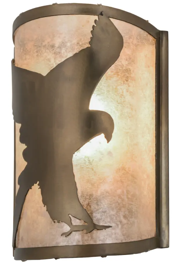 With broad wings and a long tail; the valiant Hawk swoops and snatches its prey in this striking lighting design. Warm ambient light projects through stunning Silver Mica; which is enhanced by decorative accents and hardware in an Antique Copper finish. The wall fixture is ideal for illuminating hallways; entryways; foyers and other rooms and is handcrafted by Meyda artisans in the USA at the foothills of the Adirondack Mountains. Custom sizes; styles and colors are available. Energy efficient options are offered.
