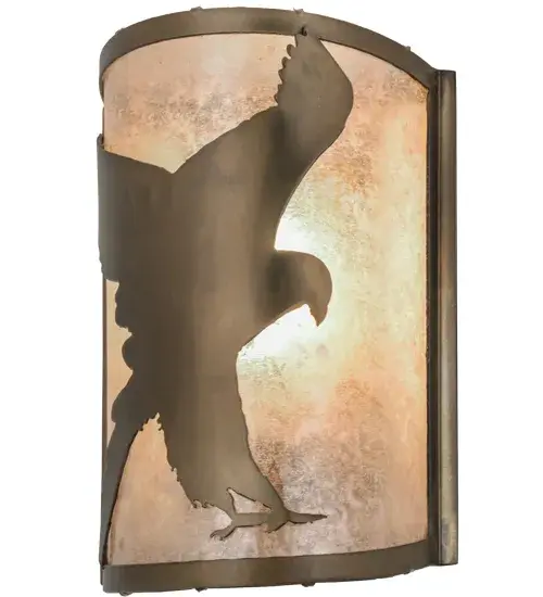 With broad wings and a long tail; the valiant Hawk swoops and snatches its prey in this striking lighting design. Warm ambient light projects through stunning Silver Mica; which is enhanced by decorative accents and hardware in an Antique Copper finish. The wall fixture is ideal for illuminating hallways; entryways; foyers and other rooms and is handcrafted by Meyda artisans in the USA at the foothills of the Adirondack Mountains. Custom sizes; styles and colors are available. Energy efficient options are offered. - alternate view
