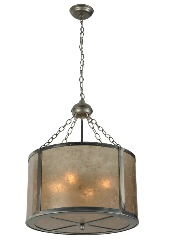 An Arts & Crafts drum pendant features warm Silver Mica panels complemented with hand finished Steel with a cross pattern on the diffuser below. The fixture is handcrafted by Meyda artisans at the foothills of the Adirondack Mountains in Upstate New York. Custom sizes; styles and colors available Energy efficient lamping options.