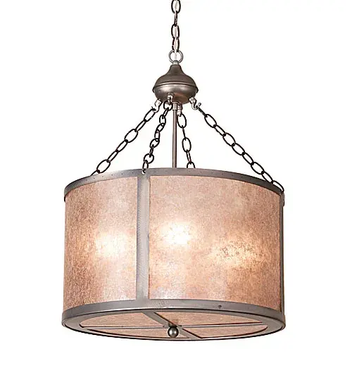 An Arts & Crafts drum pendant features warm Silver Mica panels complemented with hand finished Steel with a cross pattern on the diffuser below. The fixture is handcrafted by Meyda artisans at the foothills of the Adirondack Mountains in Upstate New York. Custom sizes; styles and colors available Energy efficient lamping options. - alternate view