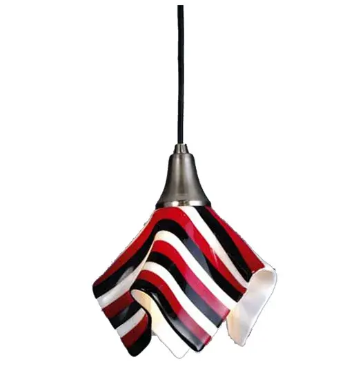 Red Hot Red; Pitch Black and Pristine White stripes color the Metro Fusion; Badabing Handkerchief mini pendant. Hand cut glass strips are hot fused together and then fired again to fall into a flowing draped fabric shape. Handmade by Meyda Craftsmen the shade with Brushed Nickel hardware and round black cord add a little pizzazz to your night.