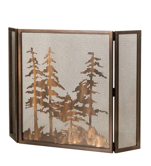 A Love for the Outdoors inspires this exquisite Meyda Original Fireplace Decor. Illuminate the hearth of your home with gorgeous; custom-crafted metal fireplace screens that add a warm; cozy touch to any living space. This stunning adjustable fireplace screen features mesmerizing Tall Pine Trees and woodland metal silhouettes with Weave-Tex mesh finished in Antique Copper. This gorgeous; fireplace screen is handcrafted with two side panels that can be adjusted with the touch of a hand. The Tall Pines Fireplace Screen is included in our American-made; American-designed; handcrafted Fireplace Decor Collection and manufactured in Yorkville; New York. Upstate New York's adventurous playland; known as the Adirondack Mountains; with its many breathtaking forests; lakes; and rivers; is the spiritual birthplace of Meyda and inspires our rustic-themed collections.