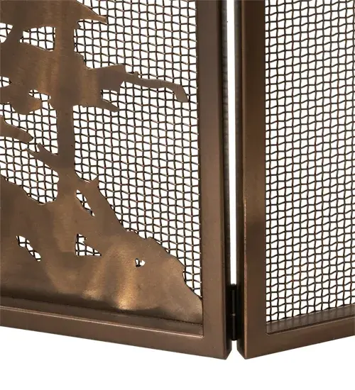 A Love for the Outdoors inspires this exquisite Meyda Original Fireplace Decor. Illuminate the hearth of your home with gorgeous; custom-crafted metal fireplace screens that add a warm; cozy touch to any living space. This stunning adjustable fireplace screen features mesmerizing Tall Pine Trees and woodland metal silhouettes with Weave-Tex mesh finished in Antique Copper. This gorgeous; fireplace screen is handcrafted with two side panels that can be adjusted with the touch of a hand. The Tall Pines Fireplace Screen is included in our American-made; American-designed; handcrafted Fireplace Decor Collection and manufactured in Yorkville; New York. Upstate New York's adventurous playland; known as the Adirondack Mountains; with its many breathtaking forests; lakes; and rivers; is the spiritual birthplace of Meyda and inspires our rustic-themed collections. - alternate view