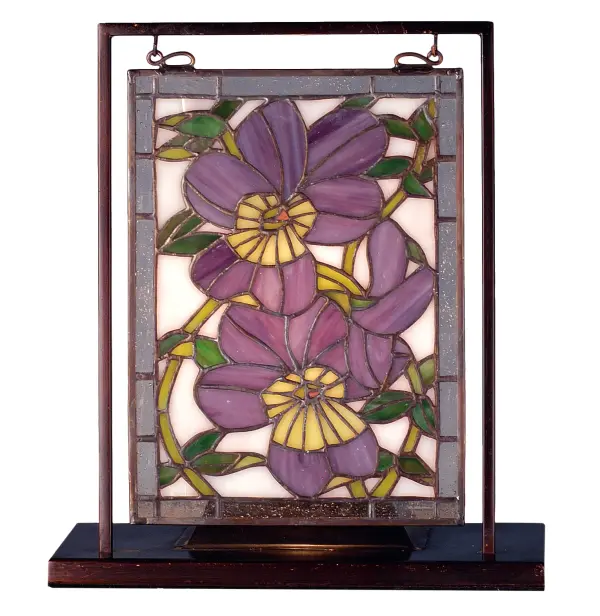 A Pair of Purple Pansies with Sunny Yellow centers remind us of the first color in Spring and the last in Autumn. Handcrafted utilizing the copperfoil construction process and stained art glass encased in a solid brass frame; each window hangs perfectly in it's own brass tabletop display.