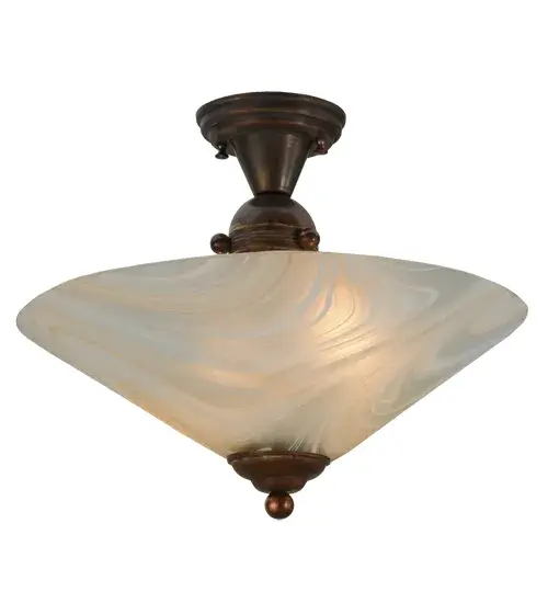 The stylish urban Metro Deco Ball semi flush fixture with cone shaped baroque art glass shade in a Peach and Vanilla toned Blush Swirl finish with Vintage Copper finished hardware is a soft escape from the harsh city lights.