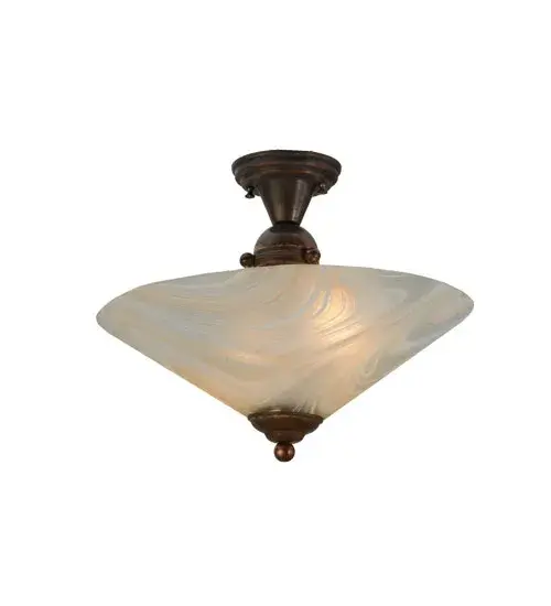 The stylish urban Metro Deco Ball semi flush fixture with cone shaped baroque art glass shade in a Peach and Vanilla toned Blush Swirl finish with Vintage Copper finished hardware is a soft escape from the harsh city lights. - alternate view