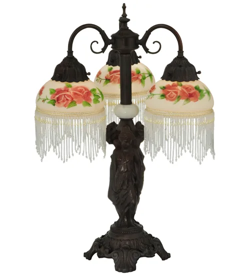 23"H Rose Bouquet 3 Arm Fringed Table Lamp