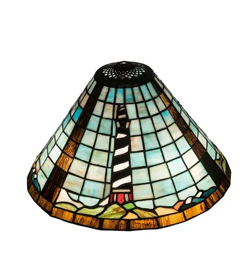 A charming nautical lighting design. This lovely Cone-shaped shade highlights a Black; White; and Red Lighthouse against a background of Sky Blue; White; and Mauve colorations. Multicolored rocks adorn the bottom of this shade design scene; created using the famous Meyda Tiffany copperfoil construction technique. The shade pairs well with hardware to make a lovely pendant or matches with a table base- see model 199670; the Lighthouse Table Lamp. The Lighthouse Cone Shade is featured in the American-designed; handcrafted Stained Glass Lighting Collection. - alternate view