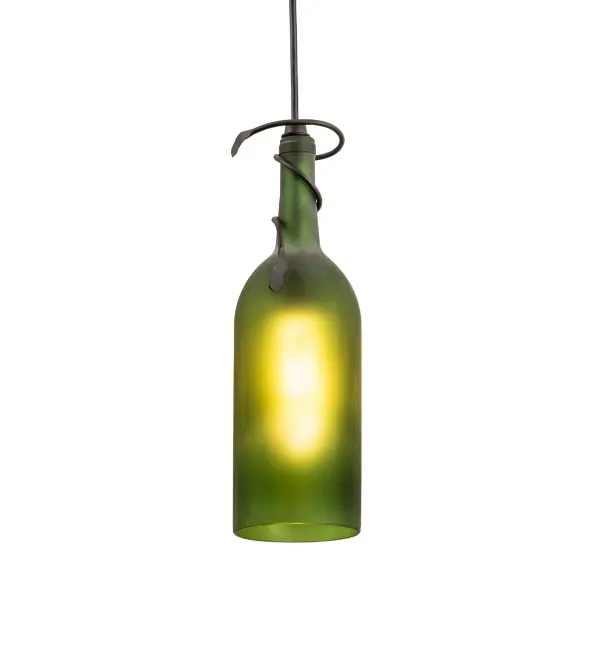Capture the life of any party with authentic wine bottle lighting... so much fun that you may want to hang from this mini pendant, but don't. The fixture does so much more than deliver light, it adds personality and pizazz to any interior. It is perfect for placing in groups over bars and islands in homes, restaurants, hotels, pubs, nightclubs, and wineries. The Frosted Green Glass Wine Bottle is attached to sturdy hardware featured in a Textured Black finish. The overall height ranges from 15 to 130 inches, as the Black cord can be adjusted in the field to meet your exact lighting requirements. The Tuscan Vineyard Frosted Green Wine Bottle Mini Pendant is included in our American-made, American-designed, handcrafted Wine Bottle Lighting Collection and manufactured in Yorkville, New York. UL and cUL listed for dry and damp locations. Take your finest bottle of wine, and Meyda will transform it into an everlasting personalized fixture of light. Contact us for more information about custom wine bottle lighting fixtures and lamps. We can also create custom lighting with beer bottles, mason jars, milk bottles, and other glass containers and vessels. Collection: Tuscan Vineyard Finish: Textured Black Glass: Green Sandblasted Notes: Custom Crafted In Yorkville, New York Please Allow 50 Days Width: 4.25" Height: 15.00" Length: 4.25" Weight: 2.00 lb Number of Bulbs: 1 Maximum Wattage: 60.00 W Bulb Type: T10 Bulb Base: E26 Material: Steel Country of Origin: USA Safety Listing: Damp Safety Rating: Damp