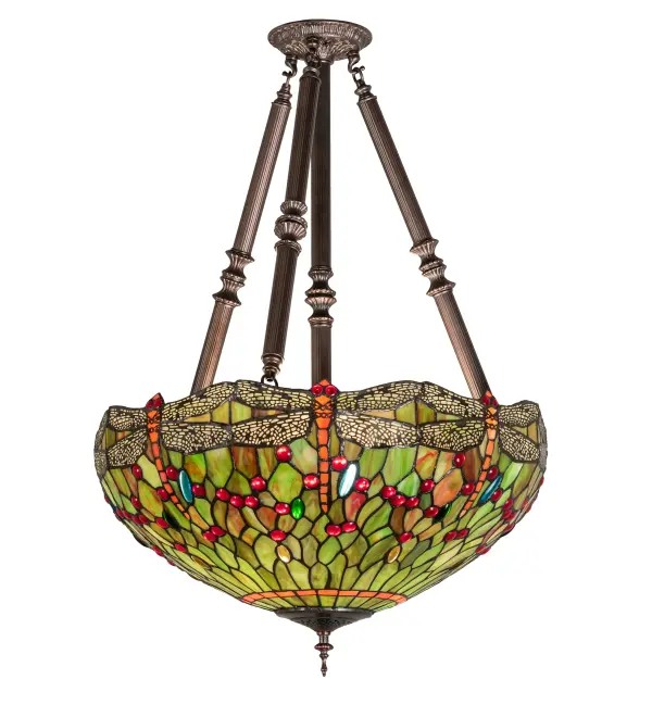 Inspired by one of Tiffany Studio's classic Dragonfly lighting masterpieces. Orange dragonflies with glowing Red jeweled eyes and filigree topped Multicolored wings soar over a Green and Orange background. The stunning shade is accented with Red; Green; Blue and Amber glass jewels. The art glass shade is created using the famous Meyda Tiffany copperfoil construction. This Tiffany Reproduction ceiling fixture is complemented with a hand applied Mahogany Bronze. UL and cUL listed for dry and damp locations.