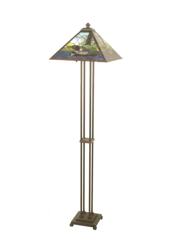 Loons float on sparkling Bluish Green waters beside Marsh Green grasses in stunning panels handcrafted utilizing stained art glass in a copperfoil construction.This handsome Mission styled floor base is finished in Mahogany Bronze. Custom designs; colors and sizes available.