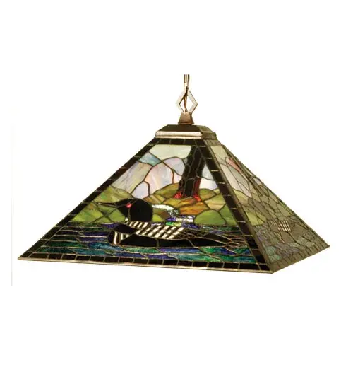 Loons float on sparkling Bluish Green waters beside Marsh Green grasses in stunning panels handcrafted utilizing stained art glass in a copperfoil construction. This pendant hardware is finished in Mahogany Bronze. Custom designs; colors and sizes available.