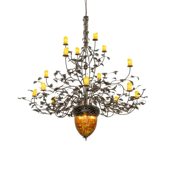 Majestic as the mighty oak is this massive, leaf adorned 16 arm chandelier in an Burnished Antique Copper finish. A lighted stained glass acorn in Multi-toned Autumn Green with a Bark Brown granite glass crown. Each branched arm embraces an Amber faux candlelight. Overall height ranges from 105 to 130 inches as the chain length can be easily adjusted in the field to accommodate your specific lighting application needs. The elegant hardware is handcrafted in our 180,000 square foot manufacturing facility in Yorkville, NY. Shade colors, metal finishes and fixture sizes can be customized. This fixture is UL and cUL listed for dry and damp locations. No two art glass shades will be the same as their individuality can be as remarkably unique as their personality. Collection: Greenbriar Oak Finish: Dark Burnished Antique Copper Glass: Stained Glass Notes: Custom Crafted In Yorkville, New York Please Allow 30 Days Width: 100.00" Height: 104.00" Length: 100.00" Weight: 125.00 lb Extension from Wall: 42.25" Number of Bulbs: 16 Maximum Wattage: 25.00 W Bulb Type: B11 Bulb Base: E12 Material: Steel Country of Origin: USA Safety Listing: Dry Safety Rating: Damp