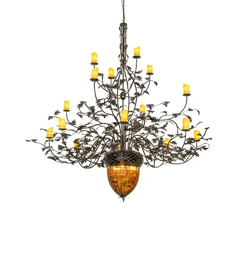 Majestic as the mighty oak is this massive, leaf adorned 16 arm chandelier in an Burnished Antique Copper finish. A lighted stained glass acorn in Multi-toned Autumn Green with a Bark Brown granite glass crown. Each branched arm embraces an Amber faux candlelight. Overall height ranges from 105 to 130 inches as the chain length can be easily adjusted in the field to accommodate your specific lighting application needs. The elegant hardware is handcrafted in our 180,000 square foot manufacturing facility in Yorkville, NY. Shade colors, metal finishes and fixture sizes can be customized. This fixture is UL and cUL listed for dry and damp locations. No two art glass shades will be the same as their individuality can be as remarkably unique as their personality. Collection: Greenbriar Oak Finish: Dark Burnished Antique Copper Glass: Stained Glass Notes: Custom Crafted In Yorkville, New York Please Allow 30 Days Width: 100.00" Height: 104.00" Length: 100.00" Weight: 125.00 lb Extension from Wall: 42.25" Number of Bulbs: 16 Maximum Wattage: 25.00 W Bulb Type: B11 Bulb Base: E12 Material: Steel Country of Origin: USA Safety Listing: Dry Safety Rating: Damp - alternate view