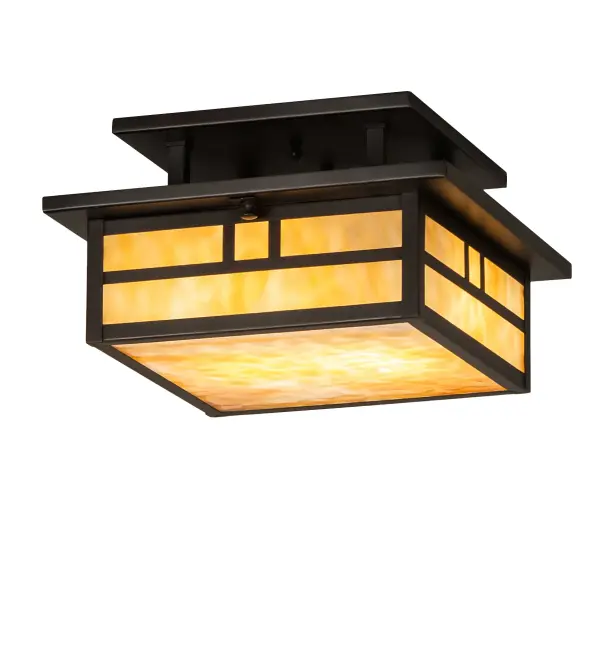 Custom made from Solid Brass, a stunning Arts & Crafts design statement is presented with a striking Mission straight line design. The stunning ceiling fixture is highlighted with a Beige art glass shade and a frame and hardware finished in Craftsman Brown. Ideal for indoor and outdoor applications. The Hyde Park Double Bar Mission Semi-Flushmount is featured in our American made, American designed handcrafted Craftsman Signature Lighting Collection. Manufactured in Yorkville, New York. UL and cUL listed for dry, damp and wet locations. Collection: Hyde Park Finish: Craftsman Brown Glass: Beige Art Glass Notes: Custom Crafted In Yorkville, New York Please Allow 30 Days Width: 17.00" Height: 6.50" Length: 12.00" Weight: 8.00 lb Number of Bulbs: 2 Maximum Wattage: 60.00 W Bulb Type: A19 Bulb Base: E26 Light Source: Halogen Material: Brass Country of Origin: USA Safety Listing: Damp Safety Rating: Damp