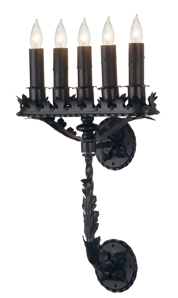 Designed to complement the Victorian decor and architecture originally made popular in the late 19th century... This exquisite wall sconce features five Black faux candlelights that deliver beautiful ambient illumination in corridors and entryways. The unique fixture includes two mounts and Acanthus leaf accents finished in bold Black. The Victorian Theatre Wall Sconce is featured in our American-manufactured; American-designed; handcrafted Victorian Lighting Collection. The fixture is manufactured in Yorkville; New York. It is UL & cUL listed for dry and damp locations.