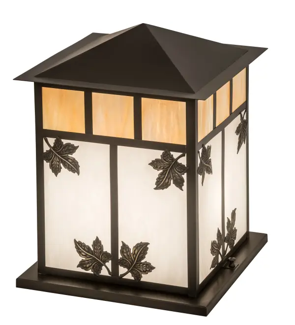 This handsome Mission style Brass Pier Mount fixture features a T-Bar motif with Maple Leaf accents featured in Craftsman Brown on Brass. The shade features Beige Iridescent glass on top with White Glass on the bottom. The lantern style fixture is handcrafted in the USA by highly skilled artisans at the foothills of the Adirondack Mountains. The fixture is UL and cUL listed for dry; damp and wet locations.