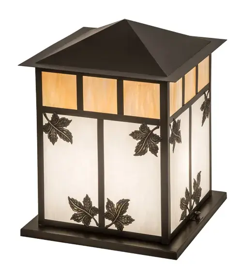 This handsome Mission style Brass Pier Mount fixture features a T-Bar motif with Maple Leaf accents featured in Craftsman Brown on Brass. The shade features Beige Iridescent glass on top with White Glass on the bottom. The lantern style fixture is handcrafted in the USA by highly skilled artisans at the foothills of the Adirondack Mountains. The fixture is UL and cUL listed for dry; damp and wet locations. - alternate view
