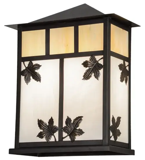 Custom crafted of Solid Brass; Maple Leaves grace this Craftsman Signature lantern featuring Beige Iridescent and White art glass and a Mission styled straight line design. Inspired by the Arts & Crafts Movement; this wall fixture features hardware hand finished in Craftsman Brown. Perfect for indoor and outdoor applications. Handmade by Meyda artisans at the foothills of the Adirondack Mountains in upstate New York. - alternate view